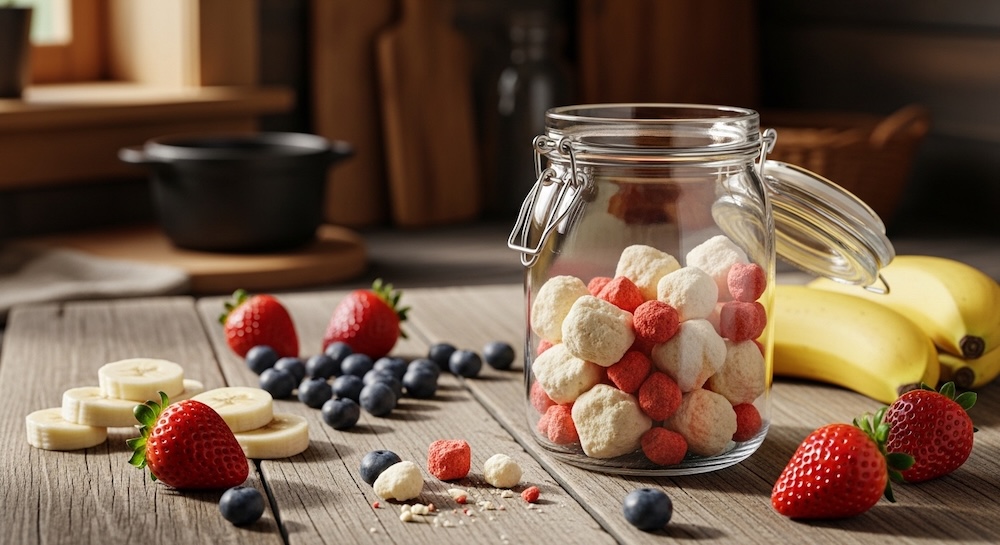 Freeze-dried yogurt and fruit bites stored in a glass jar for food preservation