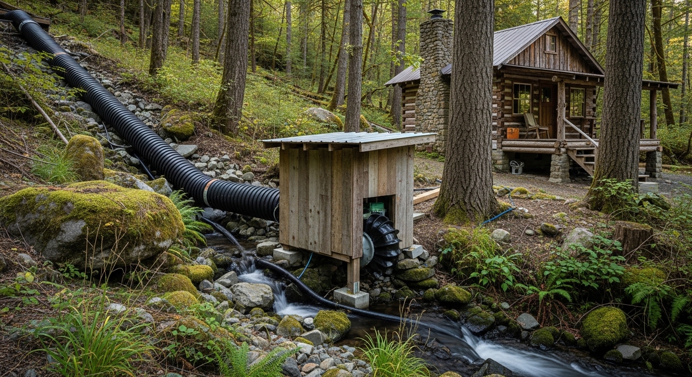 Micro-hydro turbine system providing renewable electricity for an off-grid cabin using flowing creek water