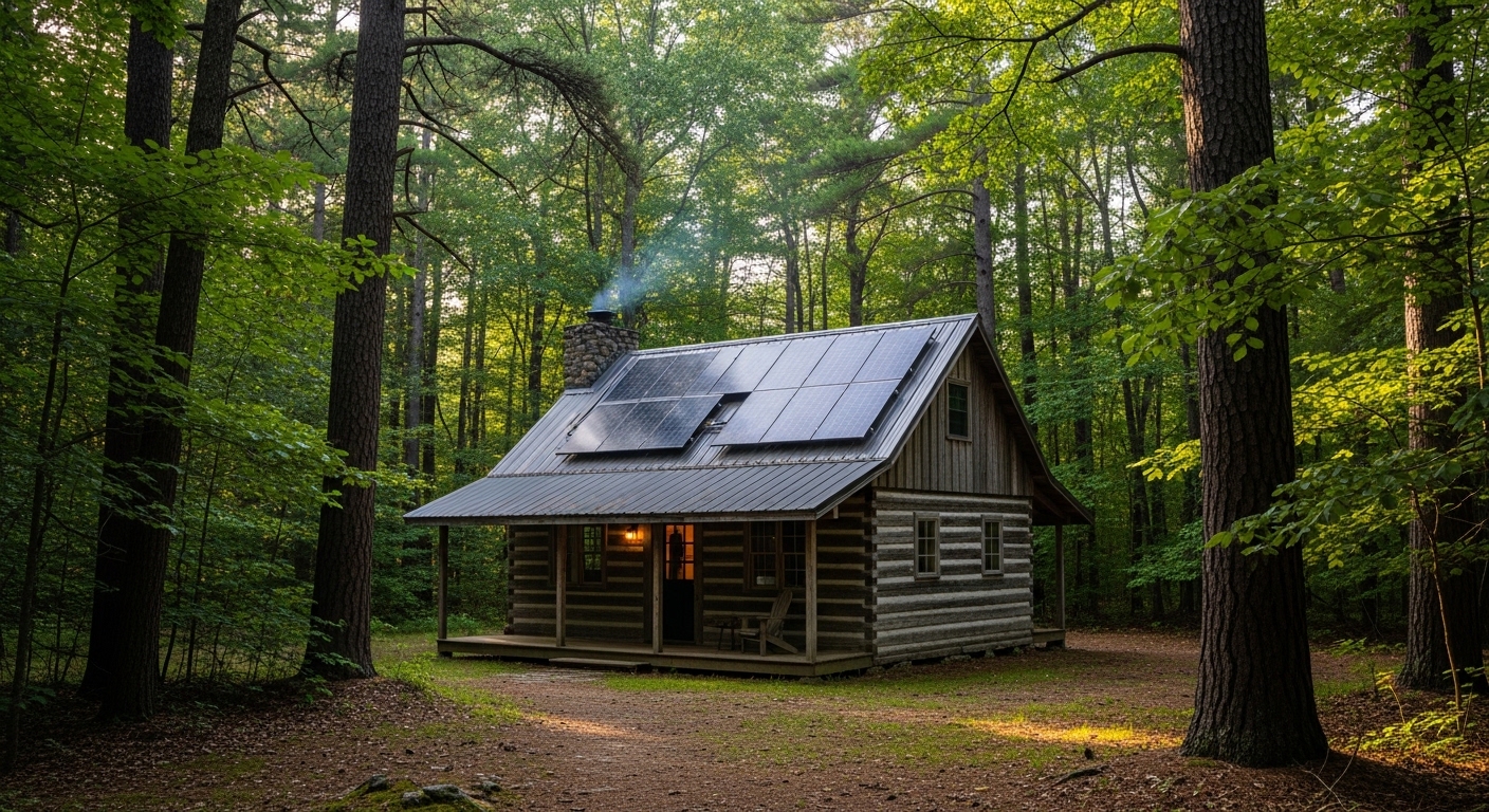 Off-grid cabin showcasing sustainable living and self-sufficient lifestyle