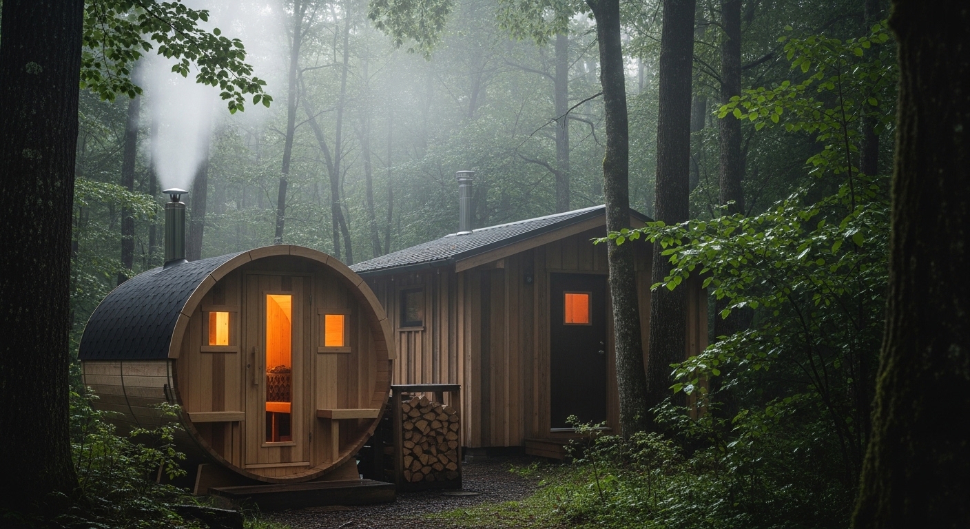 barrel sauna on off grid homestead