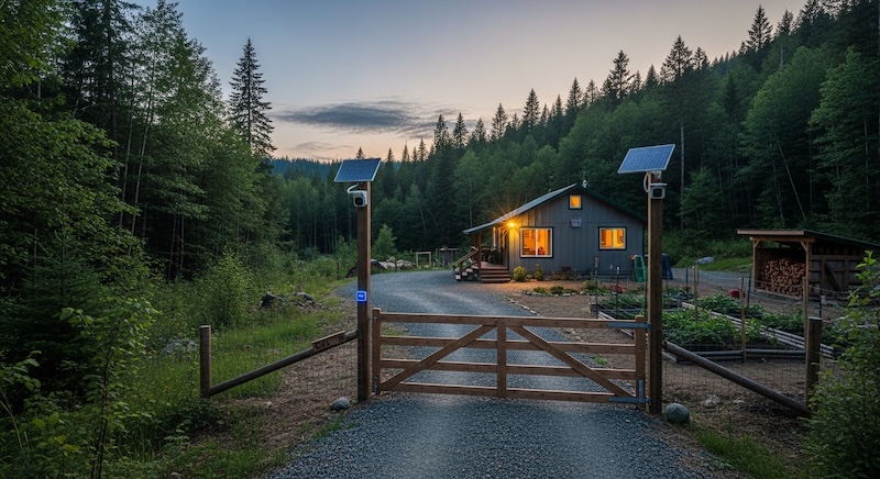 Off-grid cabin protected by solar-powered security cameras and a wireless driveway alarm