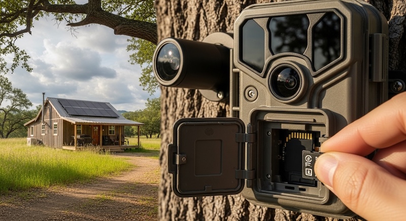 Trail camera and local SD card storage used for off-grid home security without internet