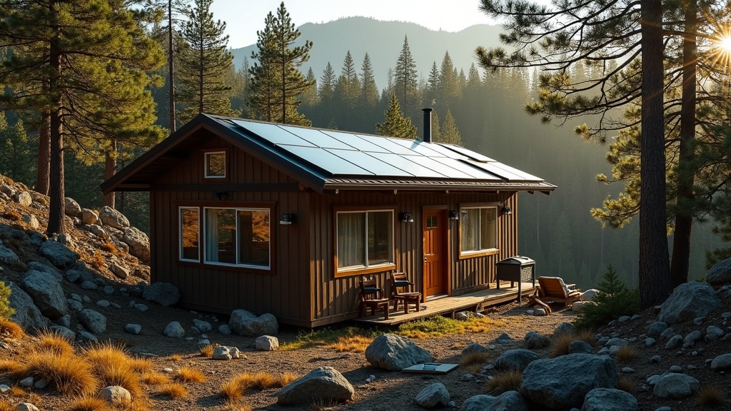 Remote off-grid cabin with solar panels and visible security equipment in rugged landscape