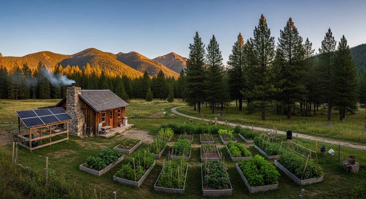 Off-grid homestead in the United States with solar power and garden