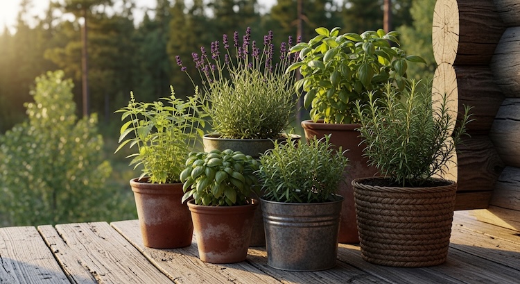 Natural mosquito-repelling plants on an off-grid cabin deck