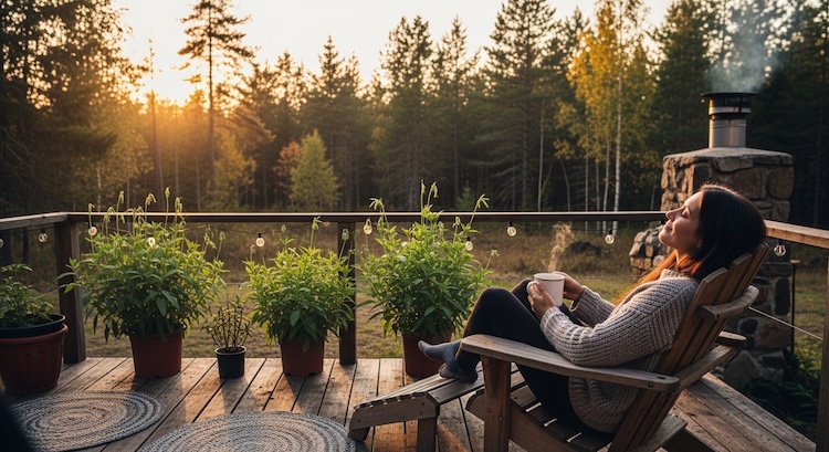 Peaceful mosquito-free evening at an off-grid cabin deck