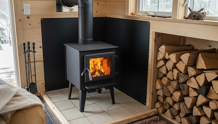 wood stove in rustic cabin