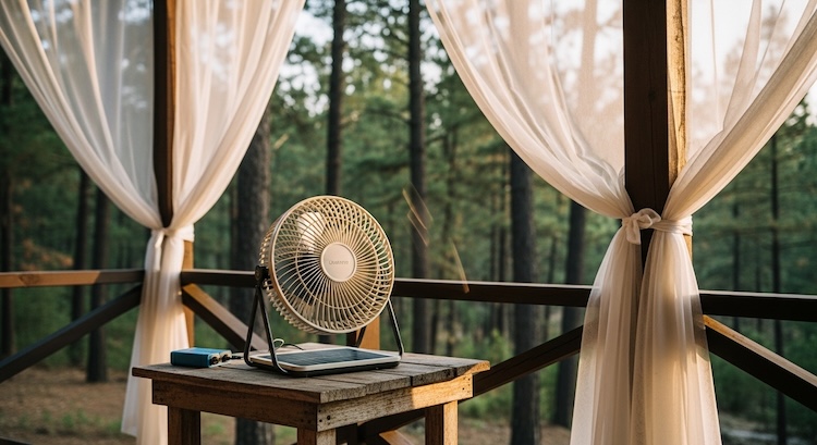 Using a solar-powered fan on an off-grid cabin porch to reduce mosquitoes