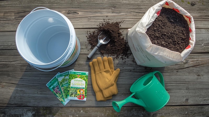 Basic supplies needed to start a bucket vegetable garden.