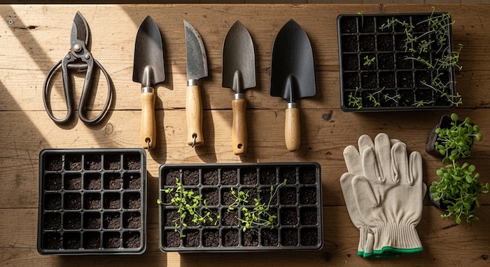 Essential homestead garden tools on wooden table