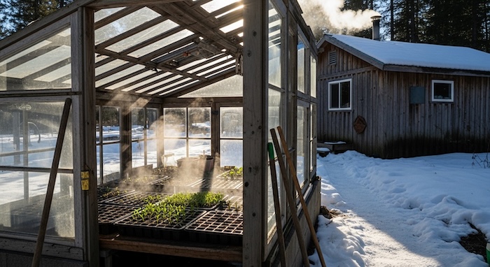 off grid cabin garden with seed trays in rustic greenhouse