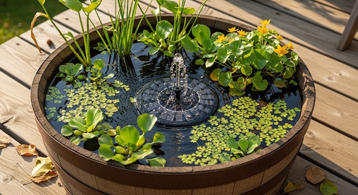 half barrel water pond on deck