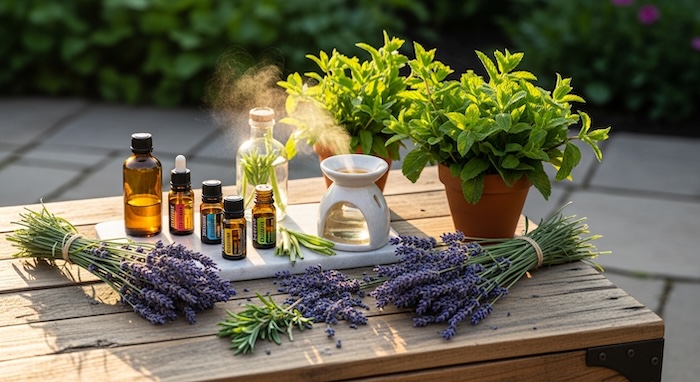 lavender and mint with essential oil bottles on table