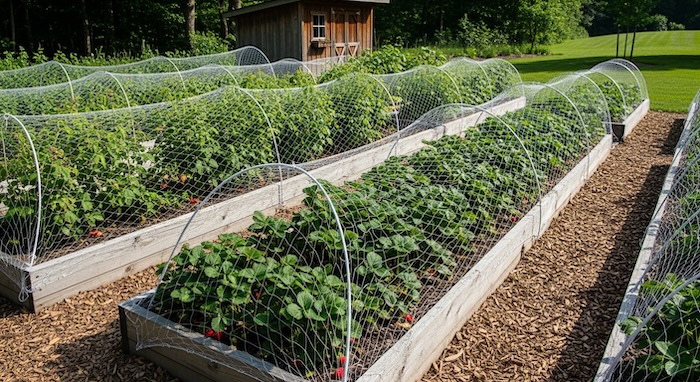 Garden netting over strawberry plants