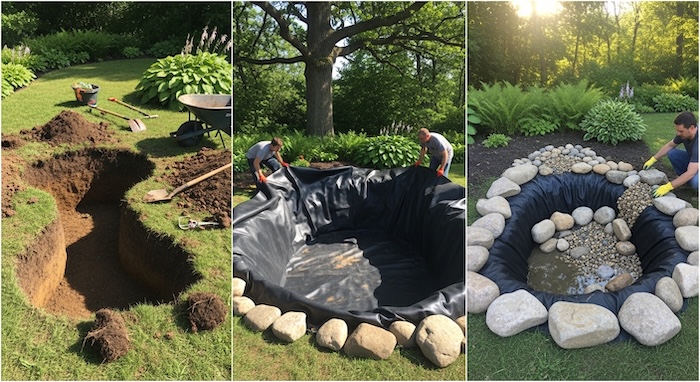 pond from dug hole to liner and rocks placed