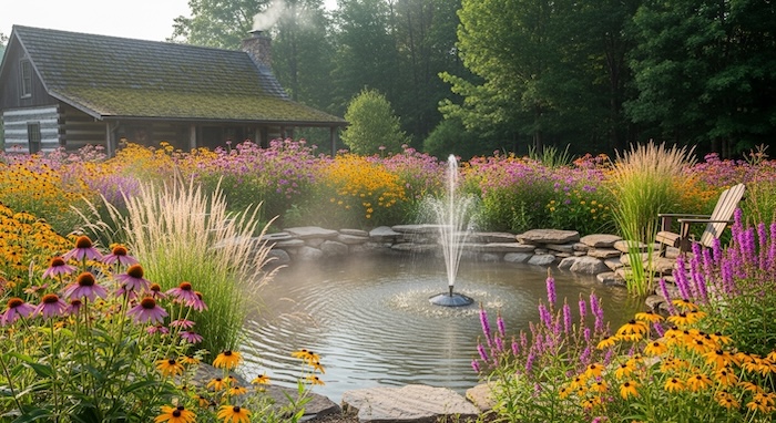 beautiful off grid pond with fountain