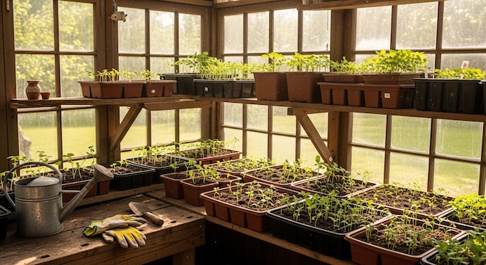 rustic off grid cabin greenhouse filled with seed trays