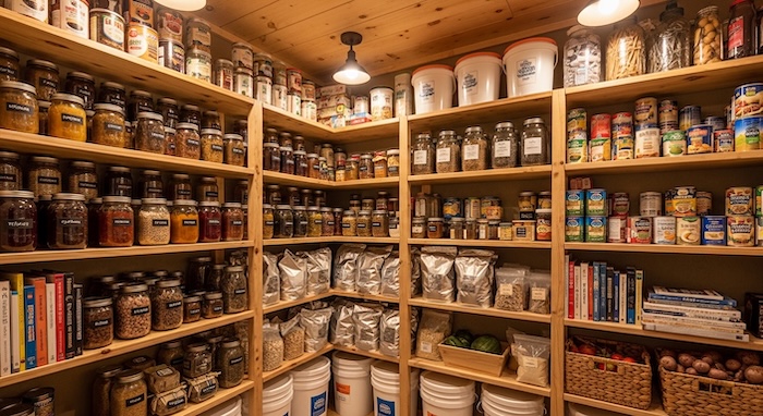 beautifully stocked pantry with jars, buckets and mylar bags full of food