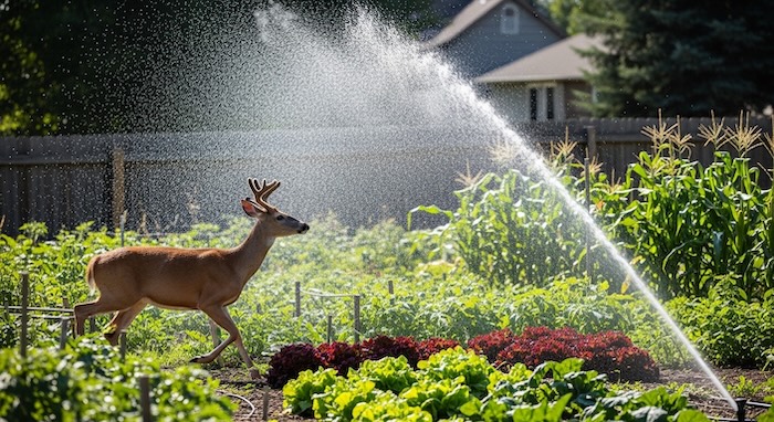 water sprayer and deer in garden