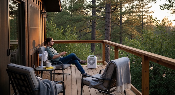 sitting on off grid deck with fan to blow mosquito's away