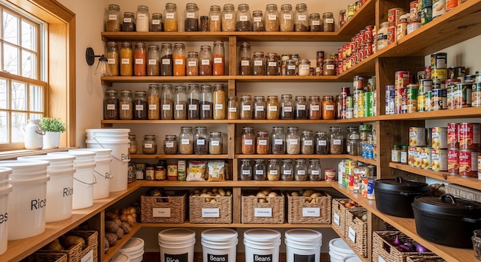 organized long-term food storage pantry with buckets, jars, canned goods