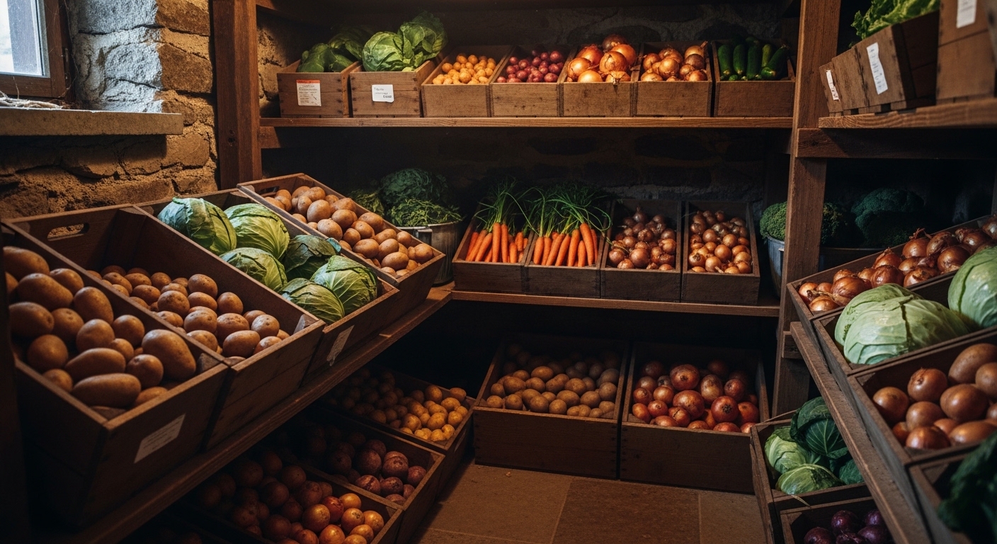 vegetables stored in an off grid root cellar