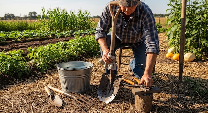 gardener in garden with tools