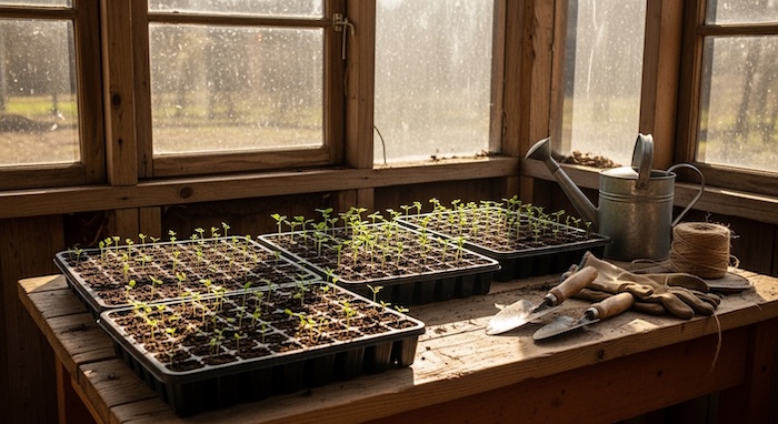 starting seeds, trays in greenhouse