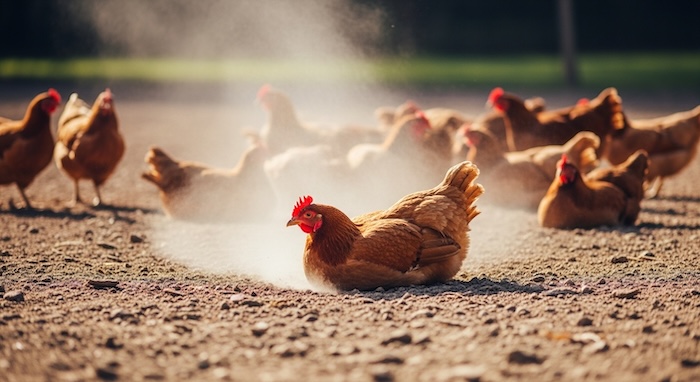 Chicken dusting off in dustbath