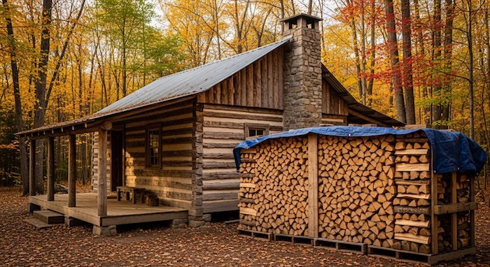 off grid cabin with neatly stacked firewood