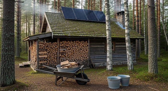 off grid cabin in the woods with solar panels on roof