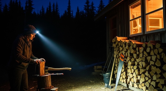 wearing a headlamp while cutting firewood at an off grid cabin