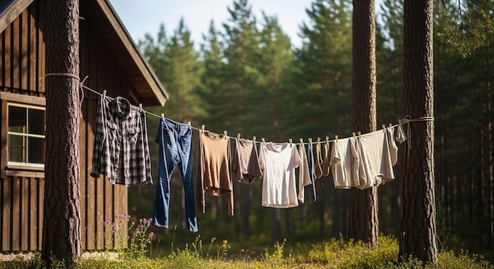Laundry hanging on line outside off grid cabin