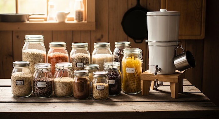 mason jars on a counter in an off grid cabin with rice and beans etc