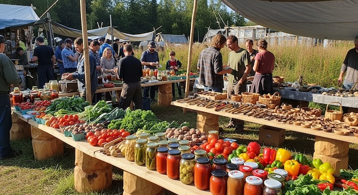 tables of vegetables and other products for an off grid swap meet