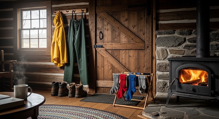 rain gear in a off grid cabin drying by wood stove