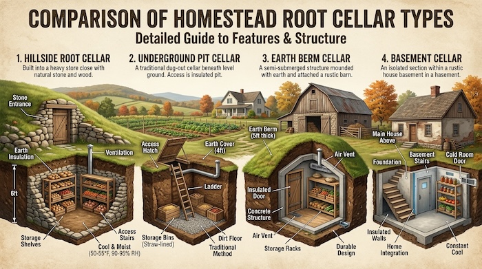 different types of root cellars including hillside underground and earth berm designs