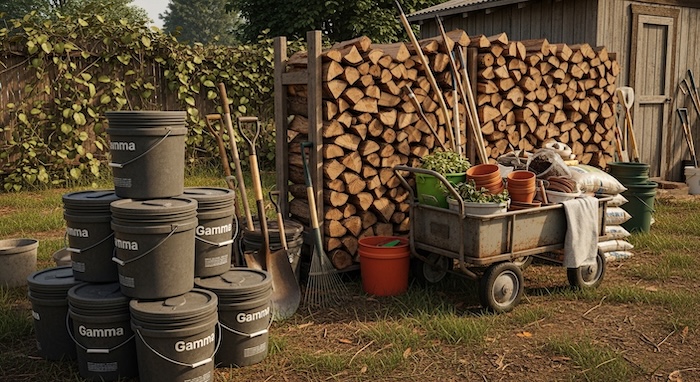 off grid tools, garden cart and 5 gallon buckets