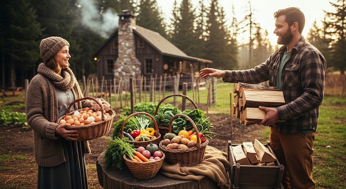 man trading firewood for eggs at an off grid homestead
