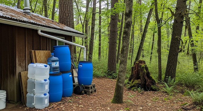 water storage with blue water barrels