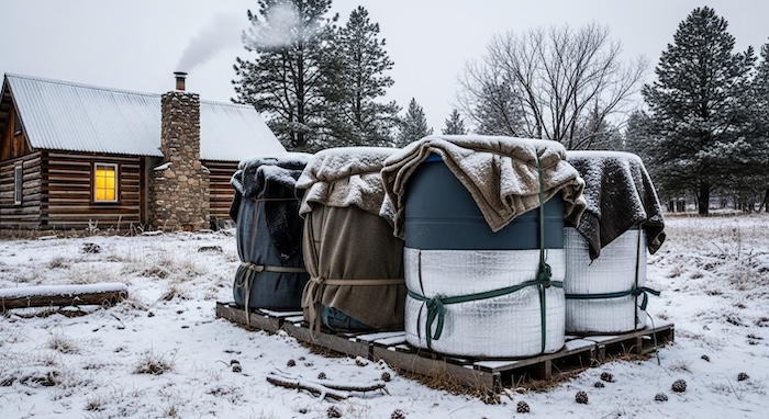 Water barrels wrapped to keep water from freezing in winter