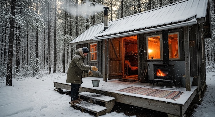 sprinkling wood ash on walkway