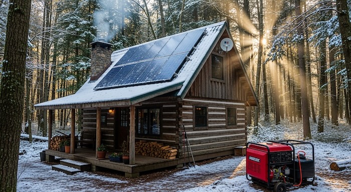 cabin with solar, satellite dish and portable generator