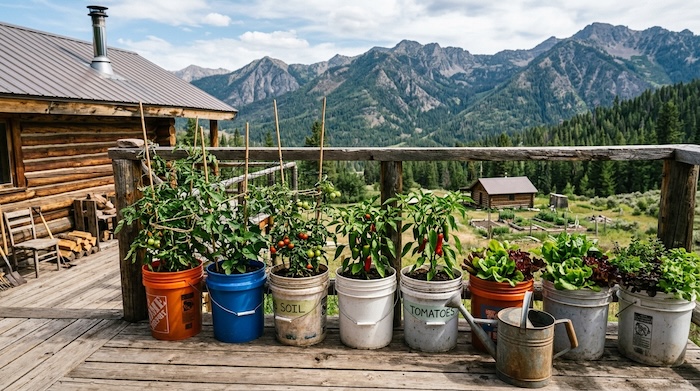 5 Gallon buckets with vegetables growing on an off grid property