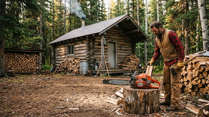 main with chainsaw outside rustic cabin in the forest