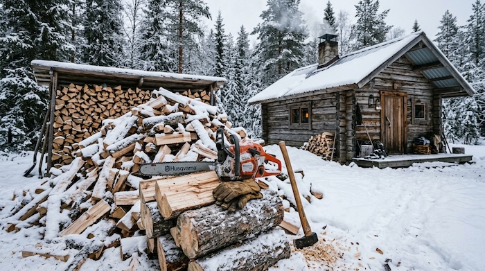 chainsaw sitting on top of freshly cut wood