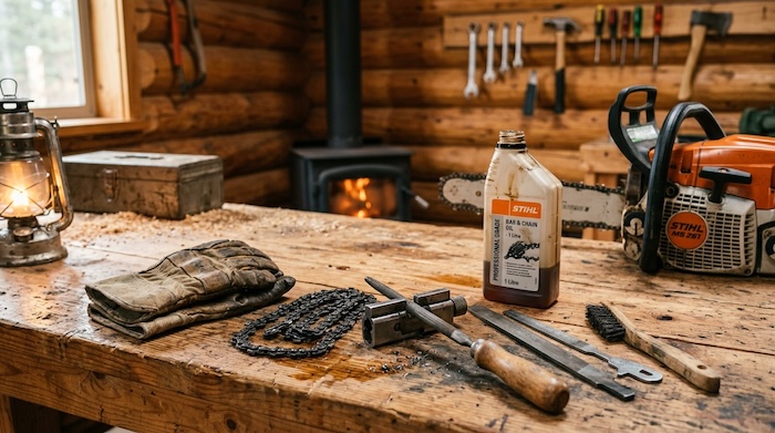 chainsaw maintenance in an off grid workshop