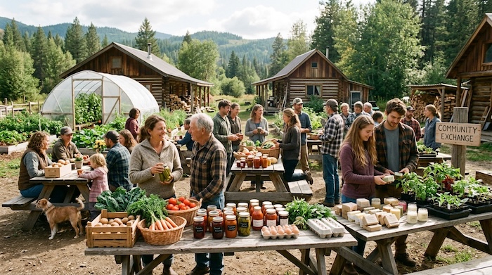 people trading products at a community event
