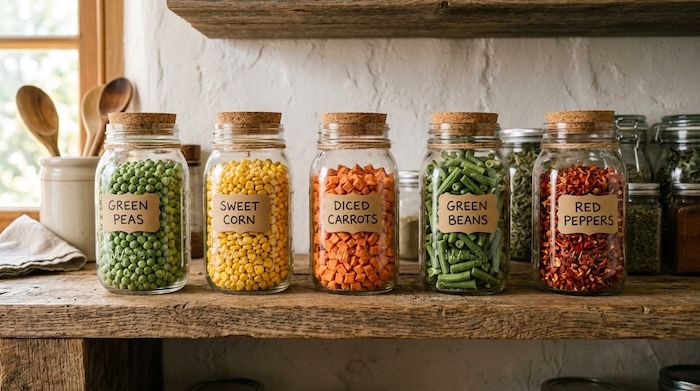 freeze dried peas, corn, carrots and beans on shelf