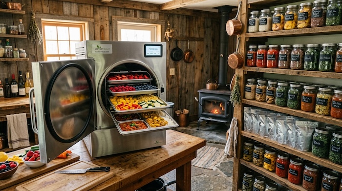 Freeze drier with food on trays in off grid cabin